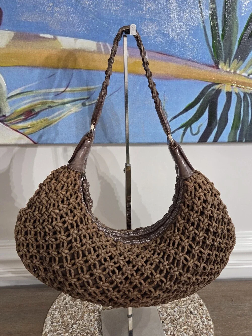 VTG Liz Claiborne Macrame Crescent Bag Brown Knotted Rope Boho Crochet Shoulder